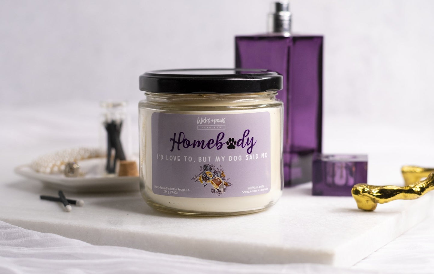 HOMEBODY | DARK AMBER + LAVENDER SOY WAX CANDLE - Wicks+Paws Candle Co