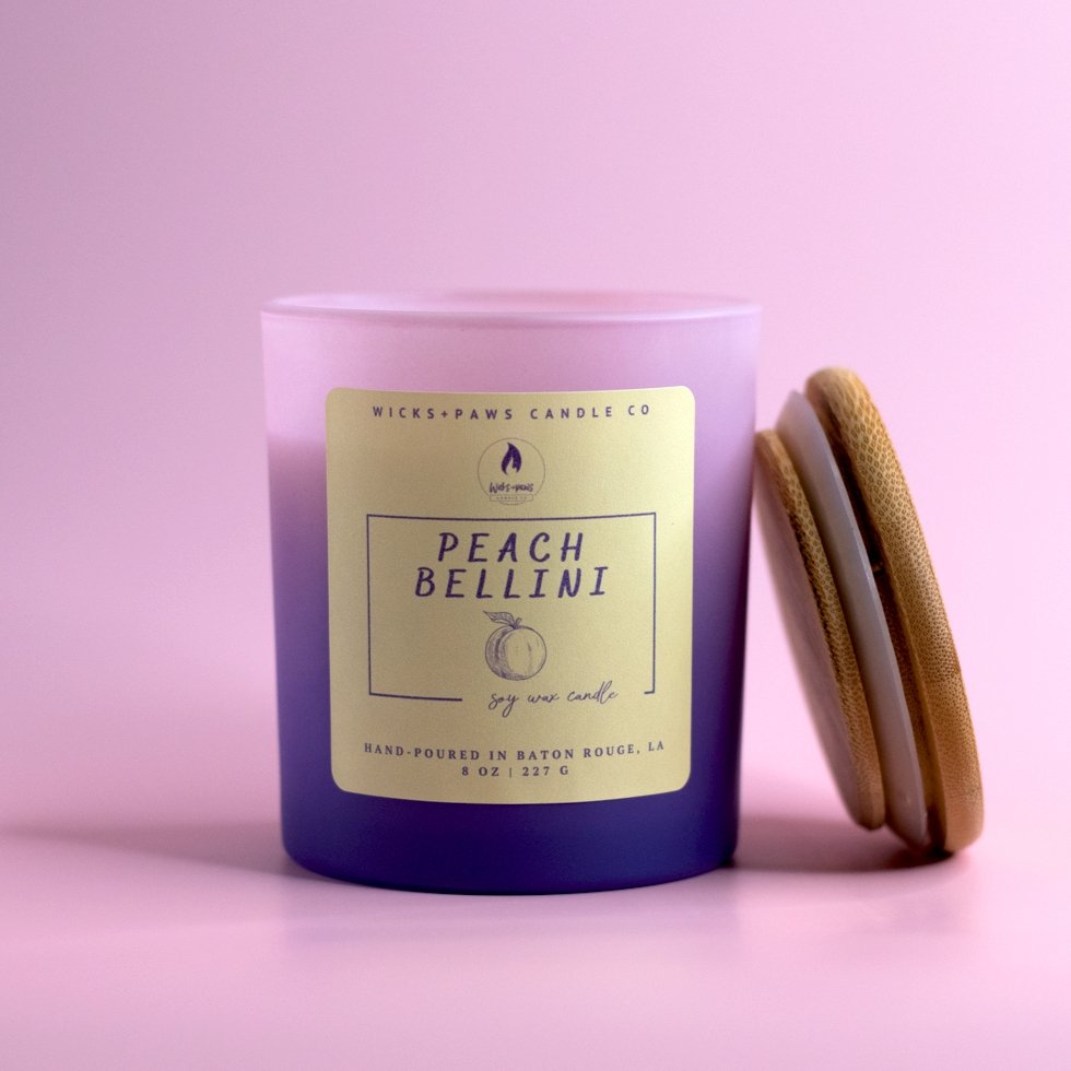 Peach Bellini - Peach Nectar Soy Wax Candle - Wicks+Paws Candle Co