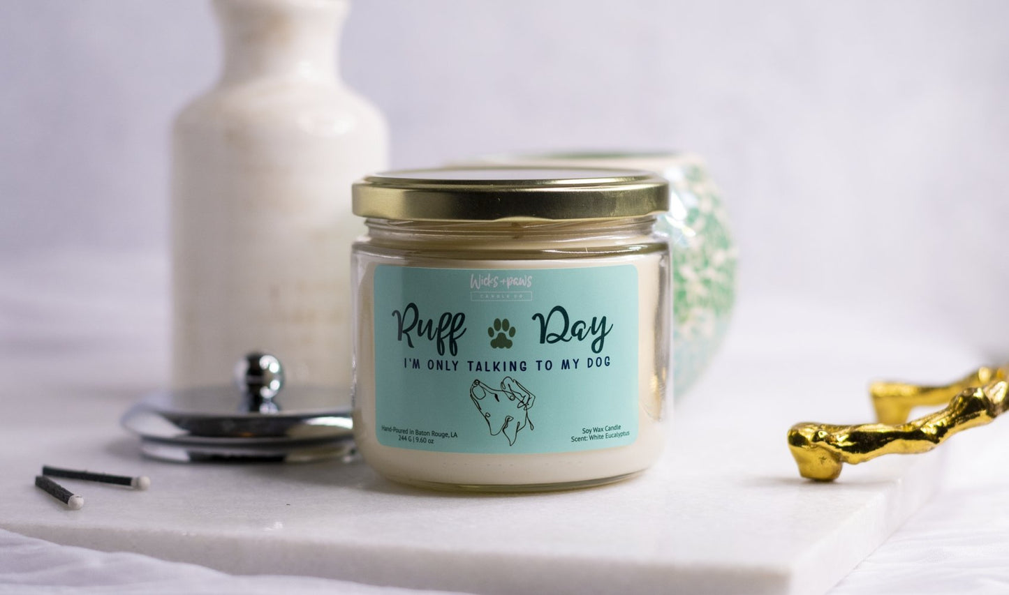 RUFF DAY | WHITE EUCALYPTUS SOY WAX CANDLE - Wicks+Paws Candle Co